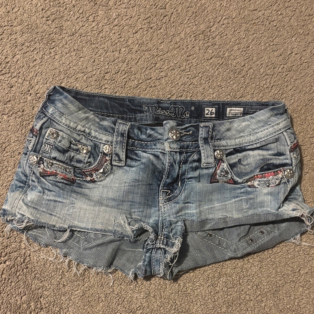 Miss Me Distressed Blue Jean Shorts with Embellishments